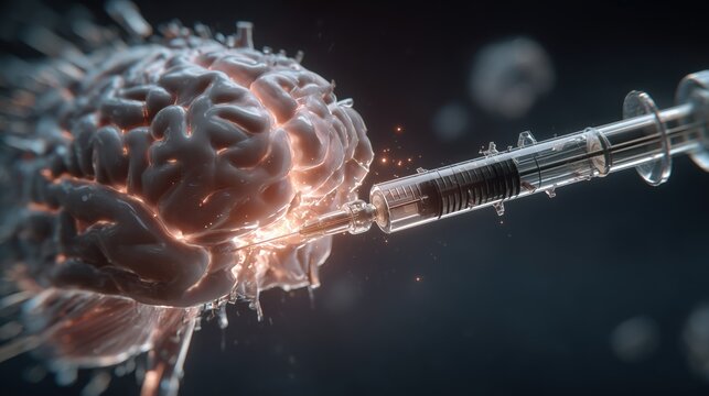 World Meningitis Day. 3D medical visualization of a syringe injecting vaccine with glowing protective shield around a human brain, futuristic healthcare style, ultra realistic textures