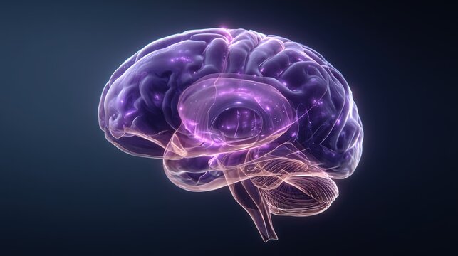 World Meningitis Day. 3D render of human brain with glowing purple meninges layers, semi-transparent anatomical style, floating in dark gradient background, high detail medical visualization