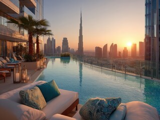 Luxury rooftop infinity pool at sunset with Dubai skyline view