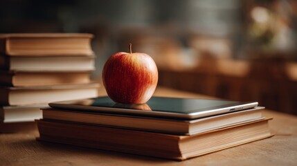 Digital tablet resting on a stack of colorful school books with a fresh red apple on top, modern back-to-school education concept with technology and learning tools