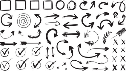 Naklejka premium Hand Drawn Arrows and Symbols Collection Silhouette on Transparent Background Vector