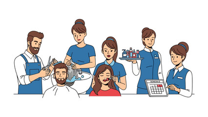 Diverse group of service professionals including a barber hairstylist waitress and dental hygienist working together in a collaborative setting illustration