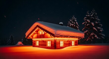 Cozy wooden cabin nestled in a snowy winter landscape at night