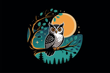 Cute owl perched on branch under a Halloween moon