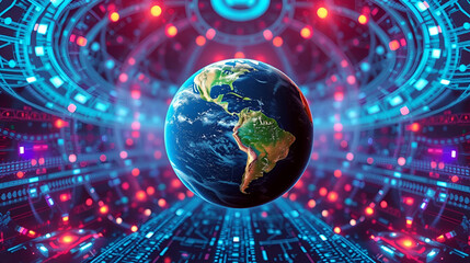 AI(Artificial Intelligence) concept. Holographic earth and digital pattern.