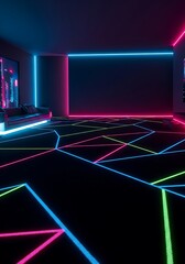 Cyberpunk Interior Design with Neon Lines, Glow, and Tech Aesthetics
