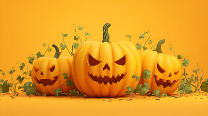 Three carved Halloween pumpkins with distinct expressions surrounded by green vines on a bright orange background