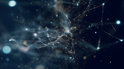 Obraz premium Perspective view of a digital neural network in space, pulsating nodes creating a web-like structure