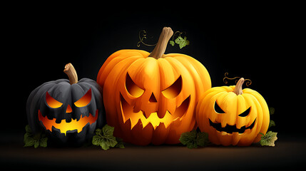 Three creatively carved Halloween pumpkins with glowing faces, set against a dark background