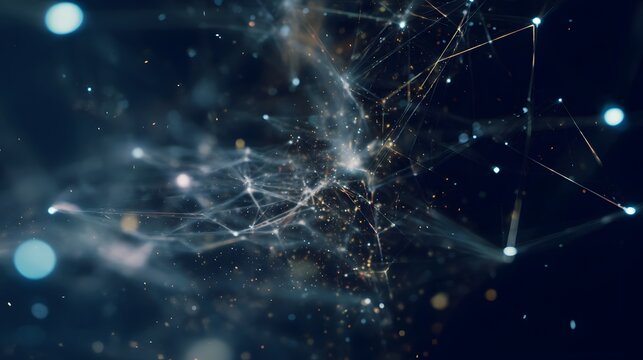 Perspective view of a digital neural network in space, pulsating nodes creating a web-like structure