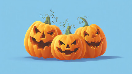 Three carved Halloween pumpkins with mischievous faces against a light blue background