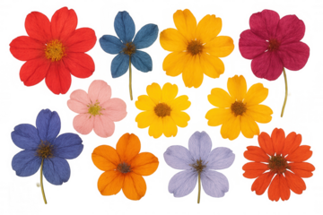 Collection of colorful pressed flowers on a transparent background, creating a vibrant and diverse floral pattern