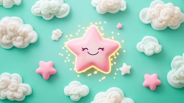 Cute pink star with smile face glowing among white clouds on blue background dreamy fantasy sky illustration