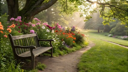 Peaceful Garden Path with Wooden Bench and Colorful Flowers in Morning Sunlight