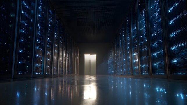 Modern Data Center Rows of Network Servers with LED Lights