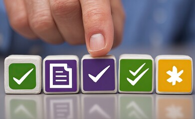 A hand places a finger on a block with a checkmark icon, among other blocks with various icons