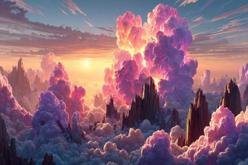 Epic sunset over a mountain range, clouds in vibrant pinks and purples