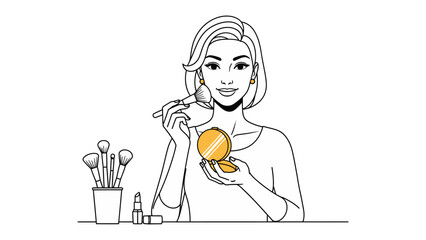 A young woman with a towel on her head applies makeup with a brush while looking in a compact mirror surrounded by beauty tools