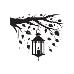lantern hanging from a tree branch with autumn leaves vector silhouette clip art logo design illustration