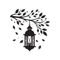 lantern hanging from a tree branch with autumn leaves vector silhouette clip art logo design illustration