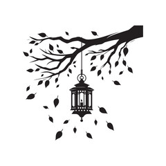 lantern hanging from a tree branch with autumn leaves vector silhouette clip art logo design illustration