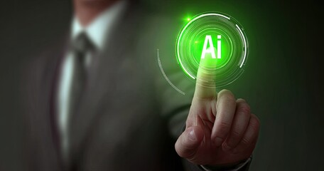 Businessman's finger activates a glowing green AI button