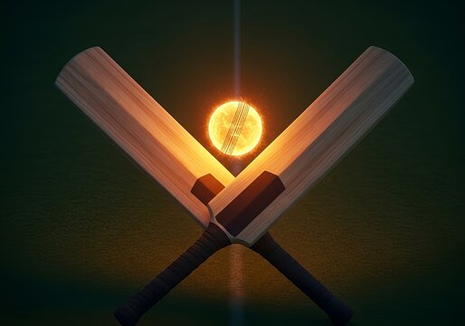 Two generic cricket bats crossing over a glowing ball.