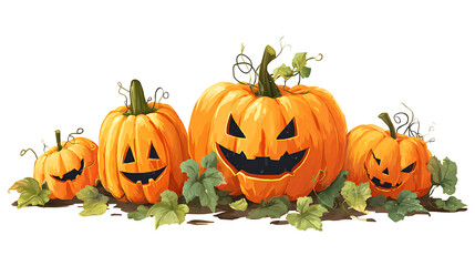 Four carved pumpkins with mischievous faces surrounded by green vines on a white background