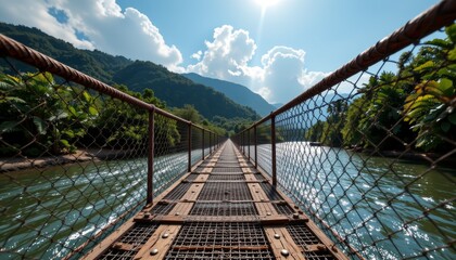 Obraz premium Exploring a rustic suspension bridge over tranquil waters in a lush mountain landscape