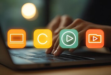 Hands typing on a laptop with media icons overlaid