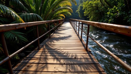 Fototapeta premium Scenic wooden footbridge over flowing river lush jungle nature photography tranquil environment perspective on serenity