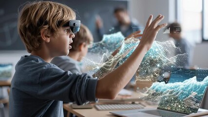 A child engages with augmented reality technology in a classroom setting. - Powered by Adobe