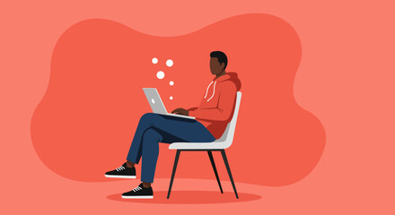 Young man in casual wear focused on his laptop, representing remote work, online learning, and digital lifestyle trends.