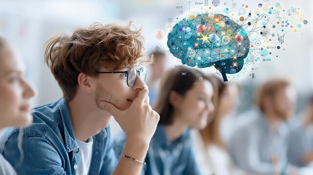 A thoughtful young man gazes ahead, visualizing creative ideas symbolized by a colorful brain illustration.