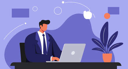 Focused businessman working on laptop in a modern office setting. Ideal for concepts of remote work, productivity, finance, and digital business.