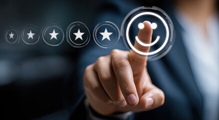 Hand touching a glowing smiley face, five stars overlayed
