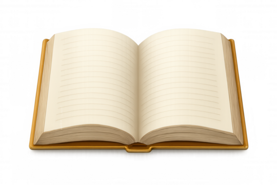 Open book with blank lined pages and golden cover showing a transparent background, ideal for educational or literary concepts