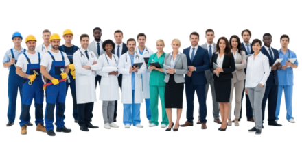 Smiling diverse group of professionals and casual individuals, against transparent studio background with reflective floor Concept of a modern, inclusive workforce