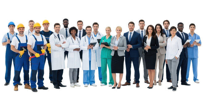 Smiling diverse group of professionals and casual individuals, against transparent studio background with reflective floor Concept of a modern, inclusive workforce