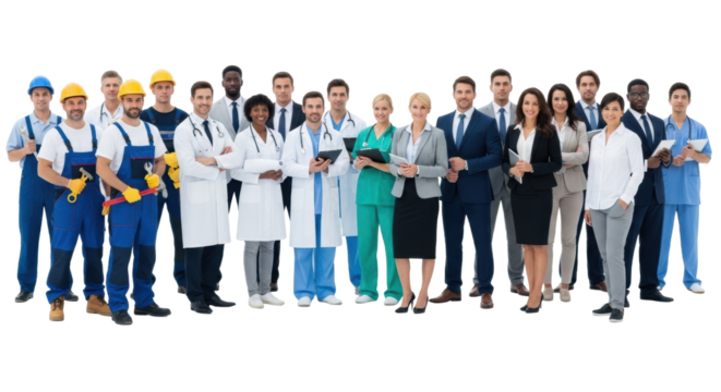 Smiling diverse group of professionals and casual individuals, against transparent studio background with reflective floor Concept of a modern, inclusive workforce