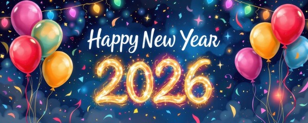 a watercolor whimsical night with glowing balloons confetti happy new year 2026 painted across the sky pastel brush lettering joyful playful magical festive charm