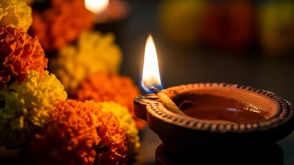 Illuminating Diwali Close-up of a Traditional Clay Diya Lamp with Marigold Flowers, Celebrating the Festival of Lights in India
