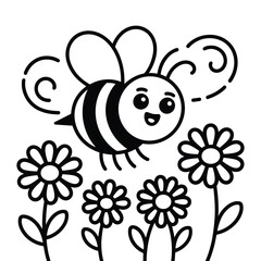 A happy cartoon bee flies over cartoon daisies insect animal