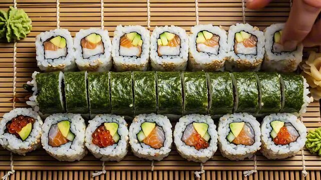 Deliciously prepared sushi rolls arranged on a bamboo mat, featuring fresh salmon, avocado, and seaweed, expertly crafted for a delightful culinary experience