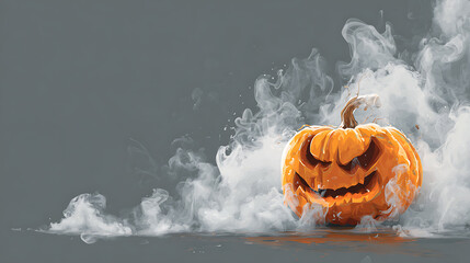 Spooky carved pumpkin emitting smoke on a gray background, perfect for Halloween themes