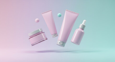 Cosmetics and Skincare Products Floating in Pastel Light