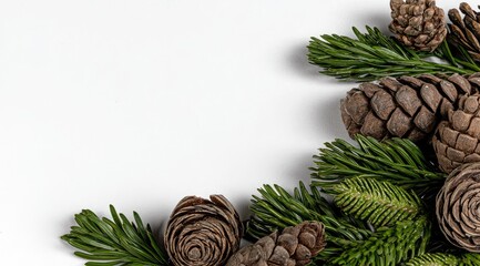 Dried pine cones and greenery border on white