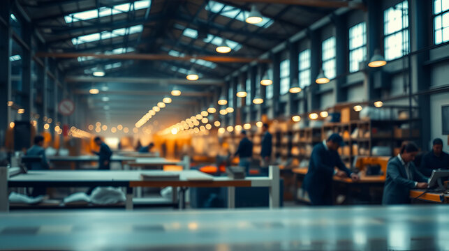 Blurred warehouse factory, illegal labour exploitation in sweatshop manufacturing concept