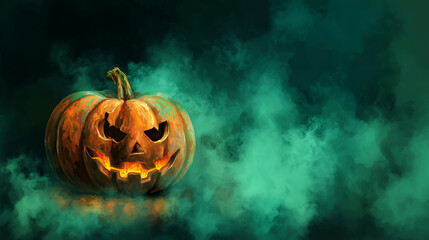 Spooky Halloween Pumpkin Surrounded by Green Mist with Eerie Atmosphere for Festive Decor