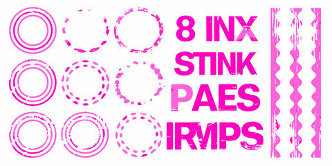 Collection of pink distressed circular stamp elements and text for graphic design projects